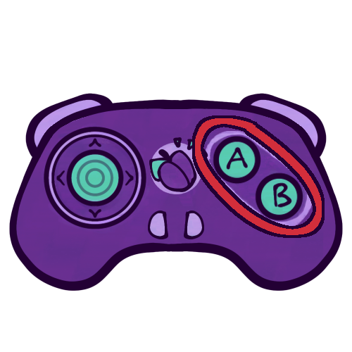 A drawing of a video game controller, with its “A” and “B” face buttons circled in red. The controller doesn’t look like any specific existing brand, but generally looks closer to a “classic” style, or pre-fourth console generation controller. It is mostly a slightly dark purple, with lavender and teal accents. It has an analog stick on the left, a logo of a plum and two small, semi-circle shaped buttons in the middle, and circular “A” and “B” buttons on the right, as well as two visible shoulder buttons, one on each side. The controller has short “thighs” or handles for ergonomics on either side.